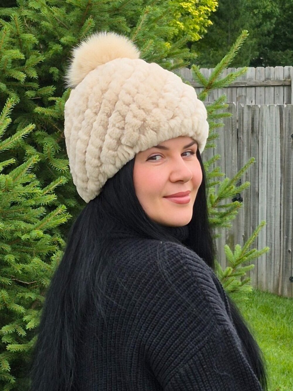 Cream Soft Real Rex Fur Hat with Small Pom, Warm Winter Women's Beanie